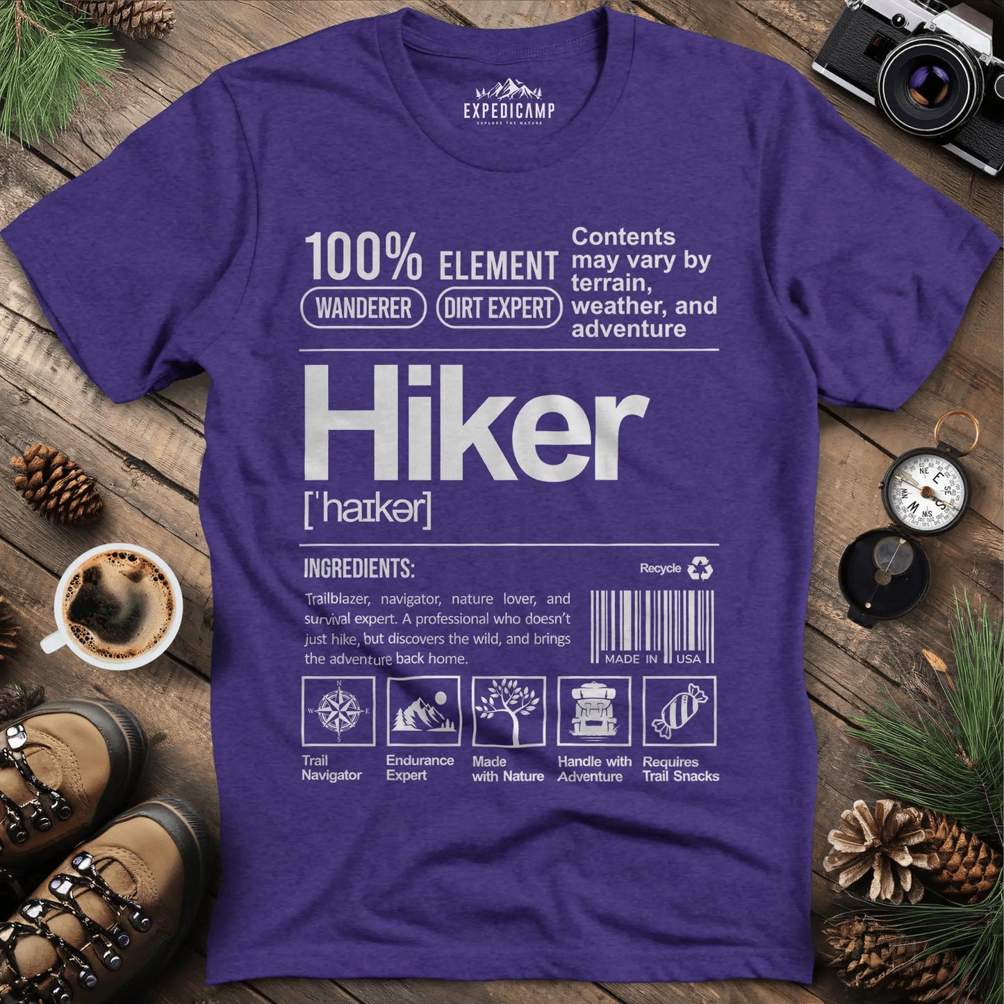 Hiker Label T-Shirt – Funny Hiking Ingredient Label Tee – Heather Purple – Outdoor apparel for travel, hiking, camping, and nature lovers – ExpediCamp