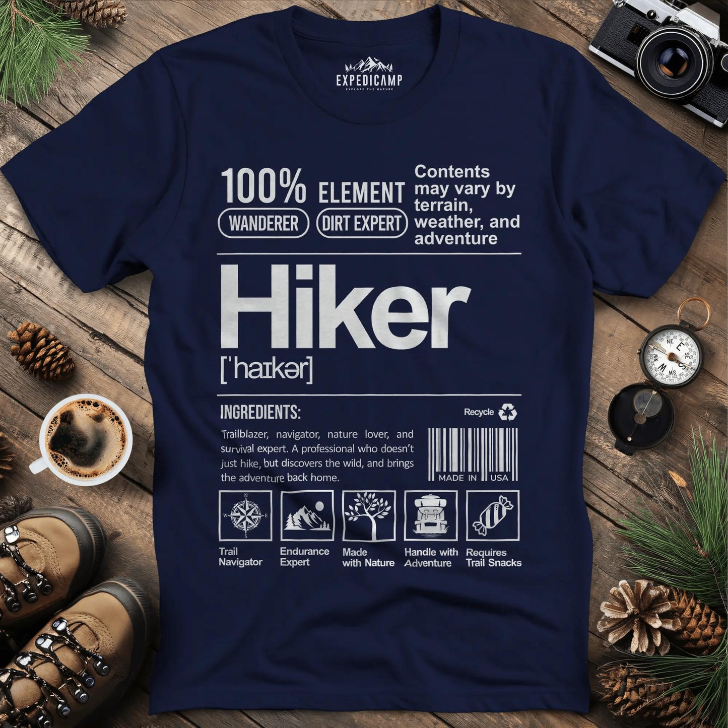 Hiker Label T-Shirt – Funny Hiking Ingredient Label Tee – Navy – Outdoor apparel for travel, hiking, camping, and nature lovers – ExpediCamp