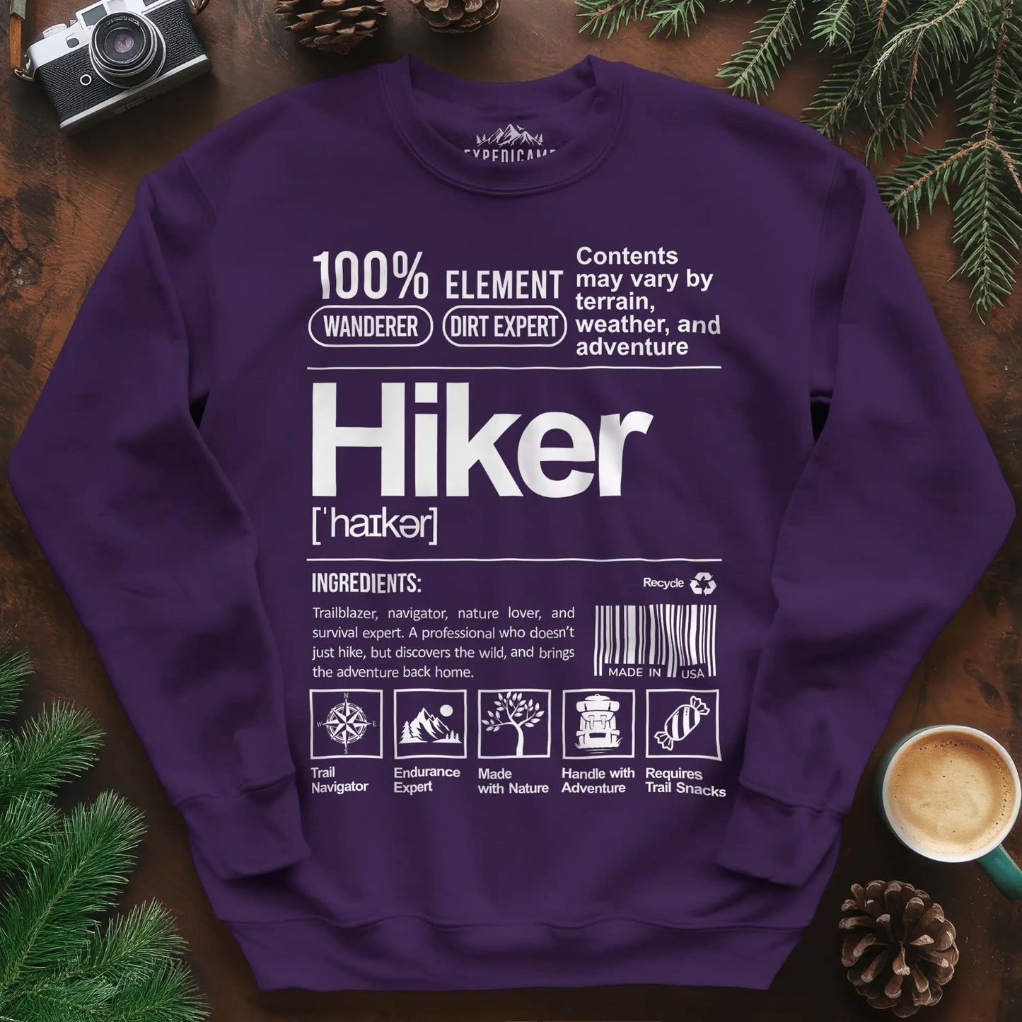 Hiker Sweatshirt – Funny Hiking Ingredient Label Sweatshirt – Purple – Outdoor apparel for travel, hiking, camping, and nature lovers – ExpediCamp
