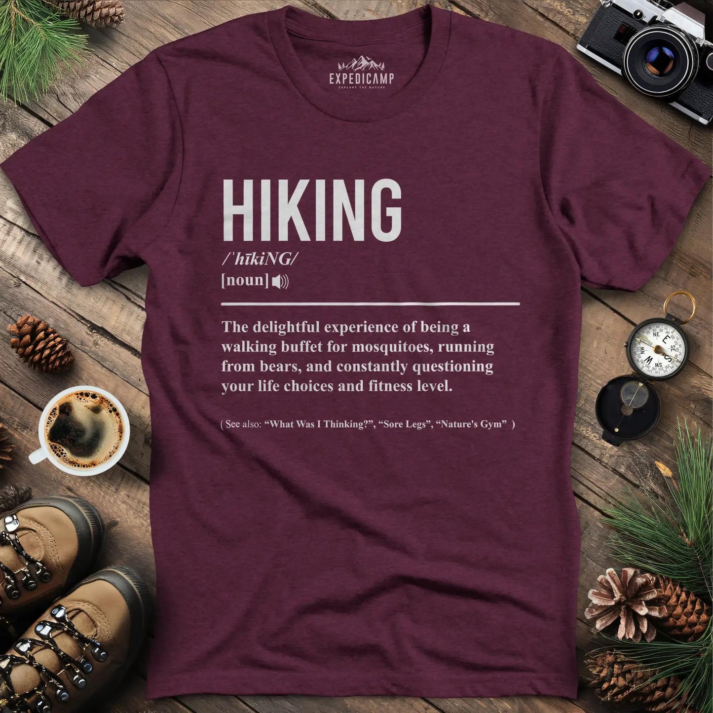 Hiking Definition T-Shirt – Heather Maroon – Outdoor apparel for travel, hiking, camping, and nature lovers – ExpediCamp