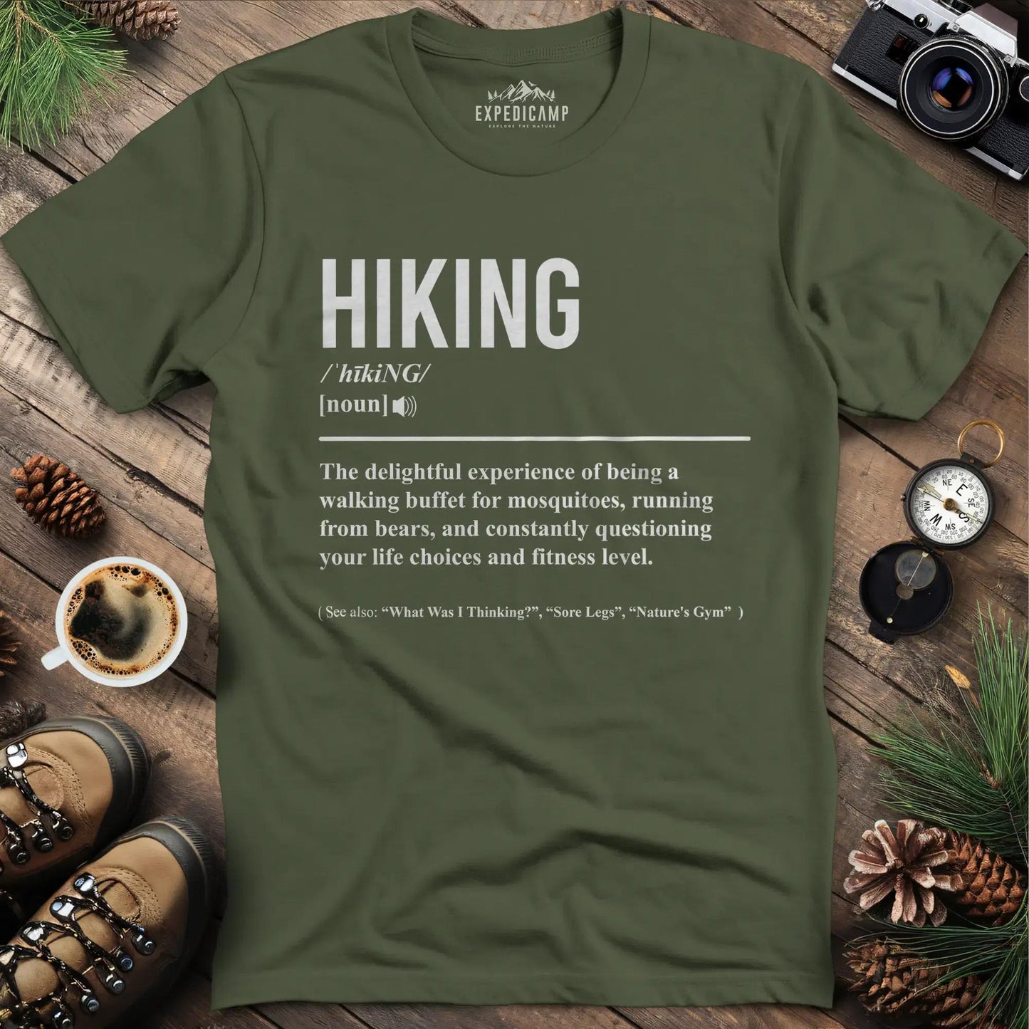 Hiking Definition T-Shirt – Military Green – Outdoor apparel for travel, hiking, camping, and nature lovers – ExpediCamp
