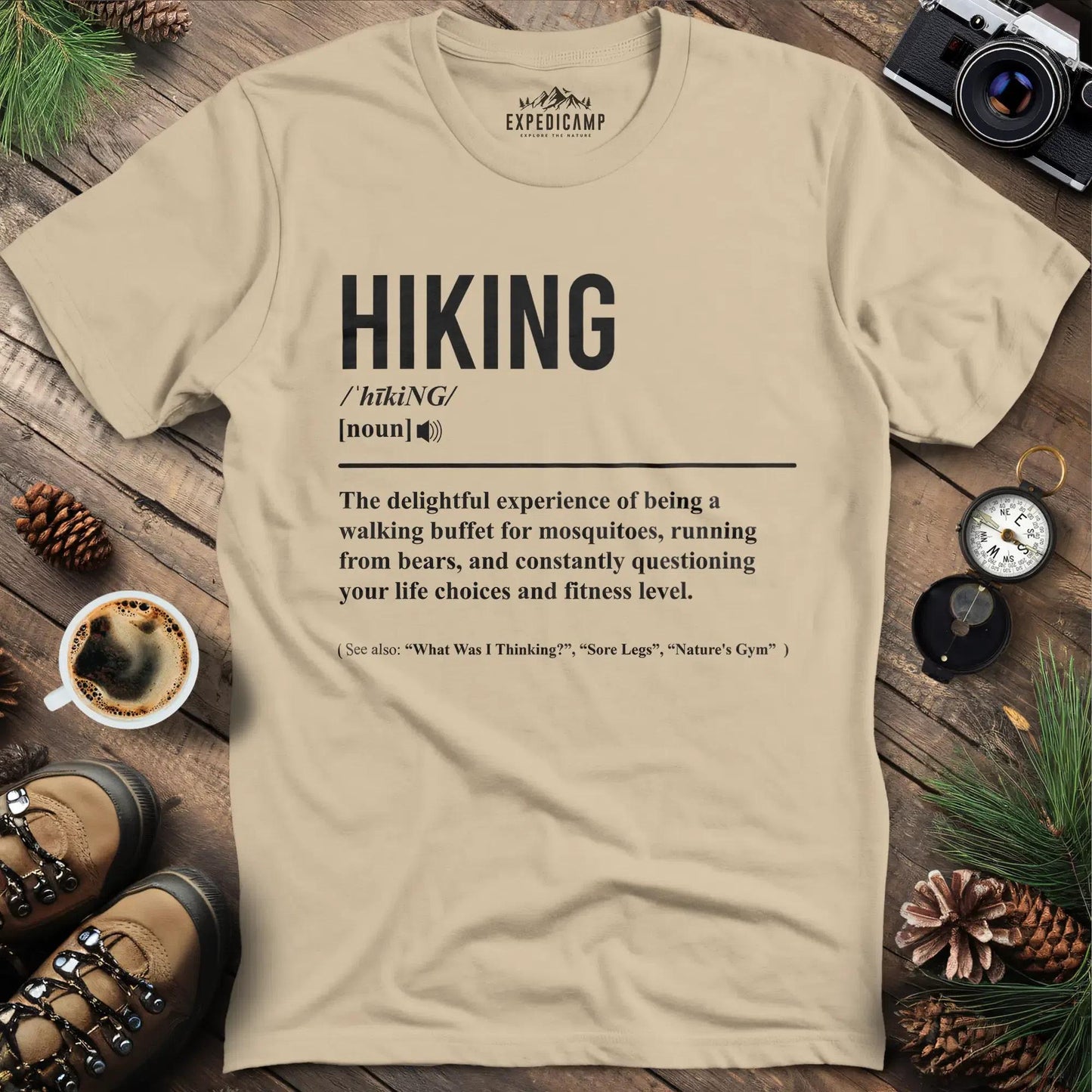 Hiking Definition T-Shirt – Sand – Outdoor apparel for travel, hiking, camping, and nature lovers – ExpediCamp