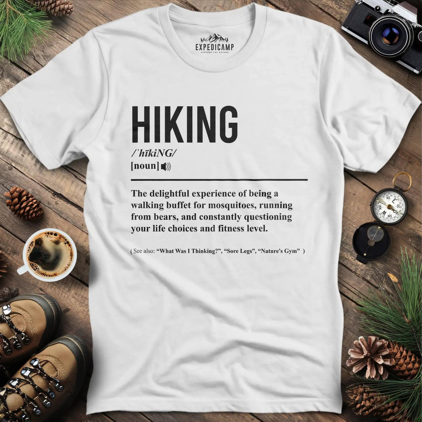 Hiking Definition T-Shirt – White – Outdoor apparel for travel, hiking, camping, and nature lovers – ExpediCamp