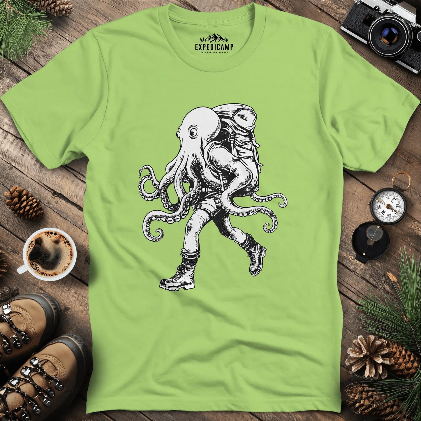 Hiking Octopus Adventure T-Shirt – Kiwi – Outdoor apparel for travel, hiking, camping, and nature lovers – ExpediCamp