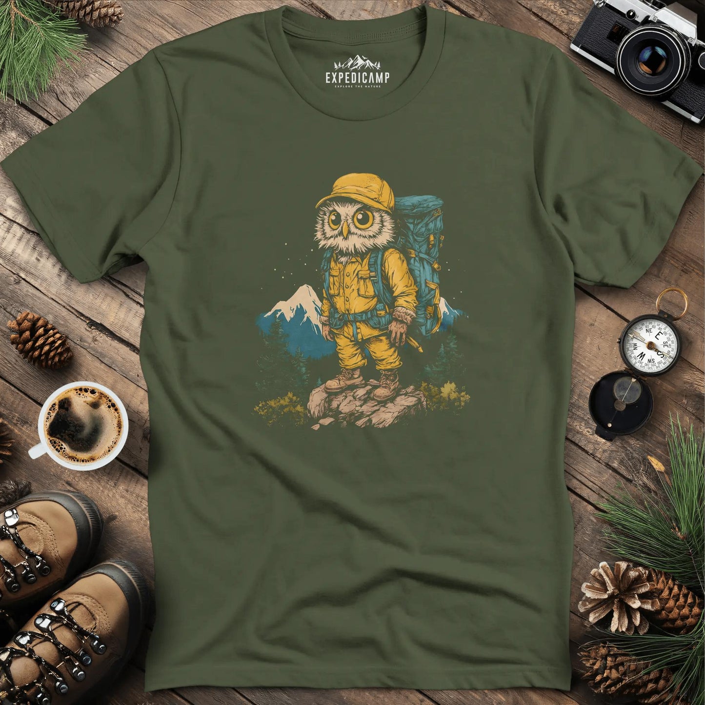 Hiking Owl T-Shirt – Wise Owl Mountain Adventure Graphic Tee – Military Green – Outdoor apparel for travel, hiking, camping, and nature lovers – ExpediCamp
