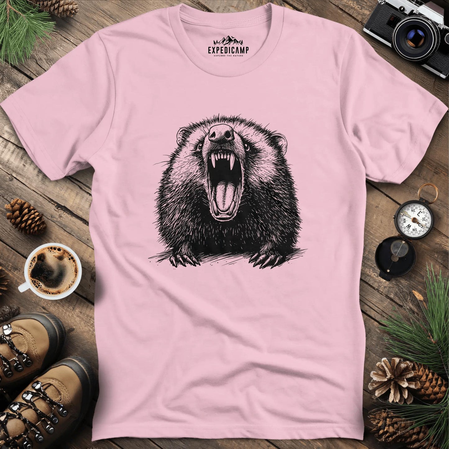 Hissing Opossum T-Shirt – Light Pink – Outdoor apparel for travel, hiking, camping, and nature lovers – ExpediCamp
