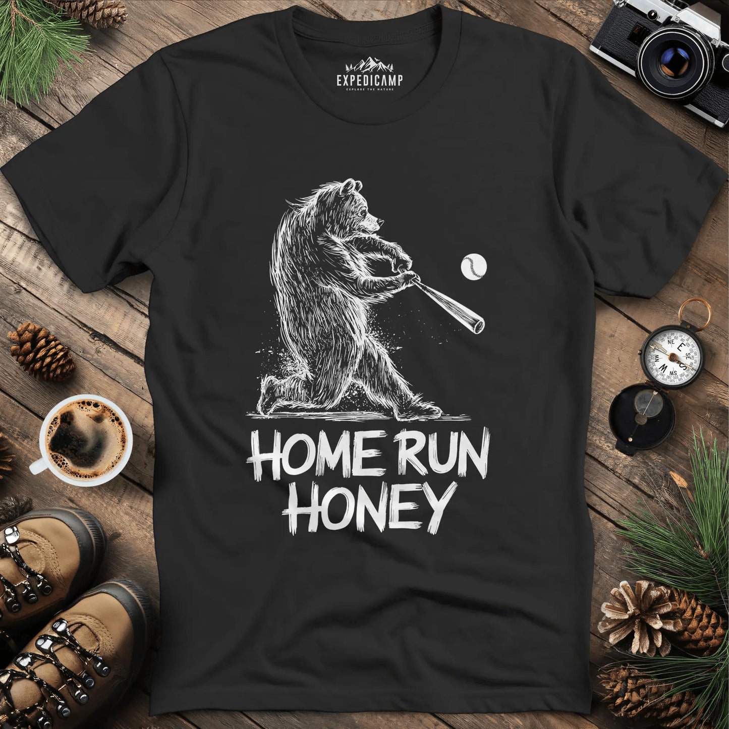 Home Run Bear T-Shirt – Black – Outdoor apparel for travel, hiking, camping, and nature lovers – ExpediCamp