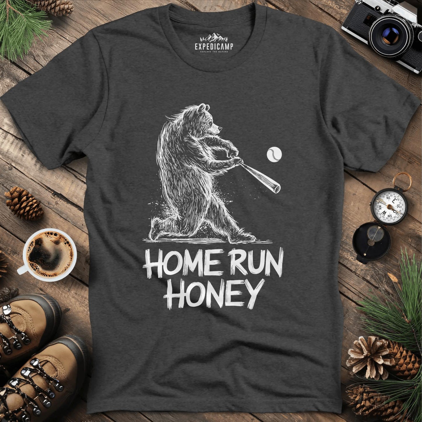 Home Run Bear T-Shirt – Dark Heather – Outdoor apparel for travel, hiking, camping, and nature lovers – ExpediCamp
