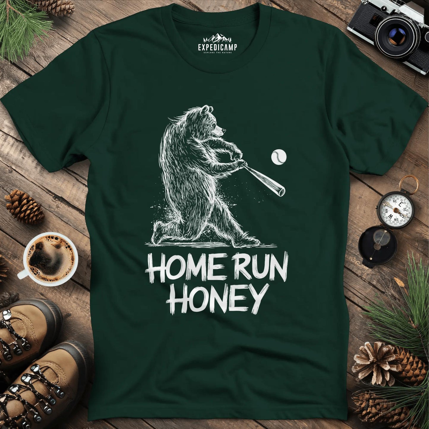 Home Run Bear T-Shirt – Forest Green – Outdoor apparel for travel, hiking, camping, and nature lovers – ExpediCamp