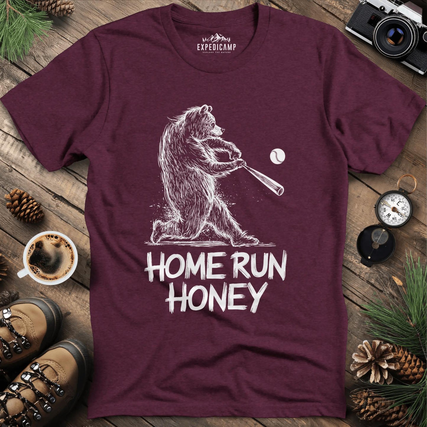 Home Run Bear T-Shirt – Heather Maroon – Outdoor apparel for travel, hiking, camping, and nature lovers – ExpediCamp