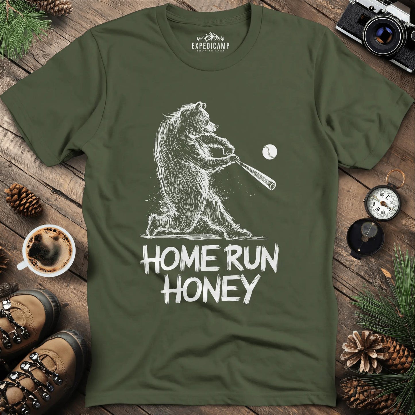 Home Run Bear T-Shirt – Military Green – Outdoor apparel for travel, hiking, camping, and nature lovers – ExpediCamp