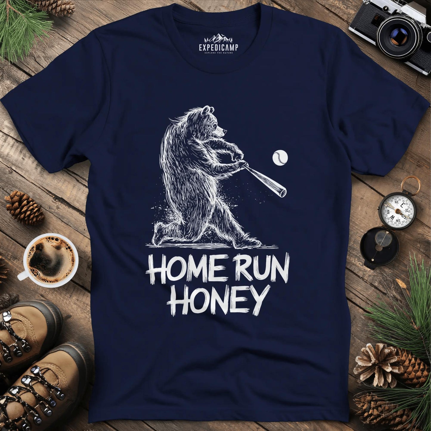 Home Run Bear T-Shirt – Navy – Outdoor apparel for travel, hiking, camping, and nature lovers – ExpediCamp