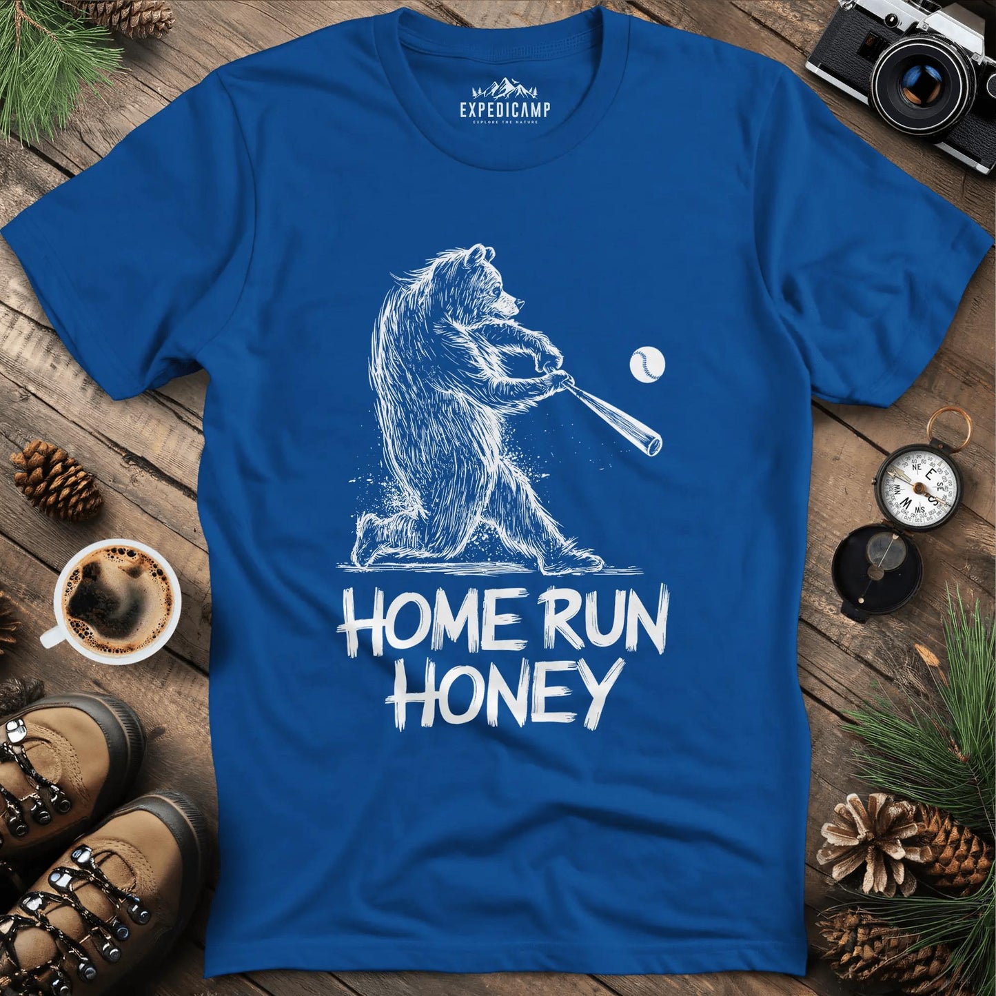 Home Run Bear T-Shirt – Royal – Outdoor apparel for travel, hiking, camping, and nature lovers – ExpediCamp