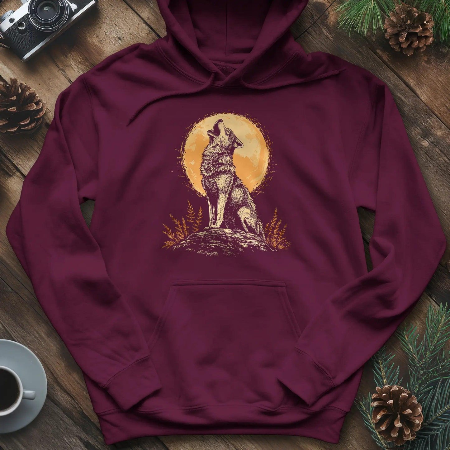 Howling Wolf Under the Moon Hoodie – Maroon – Outdoor apparel for travel, hiking, camping, and nature lovers – ExpediCamp