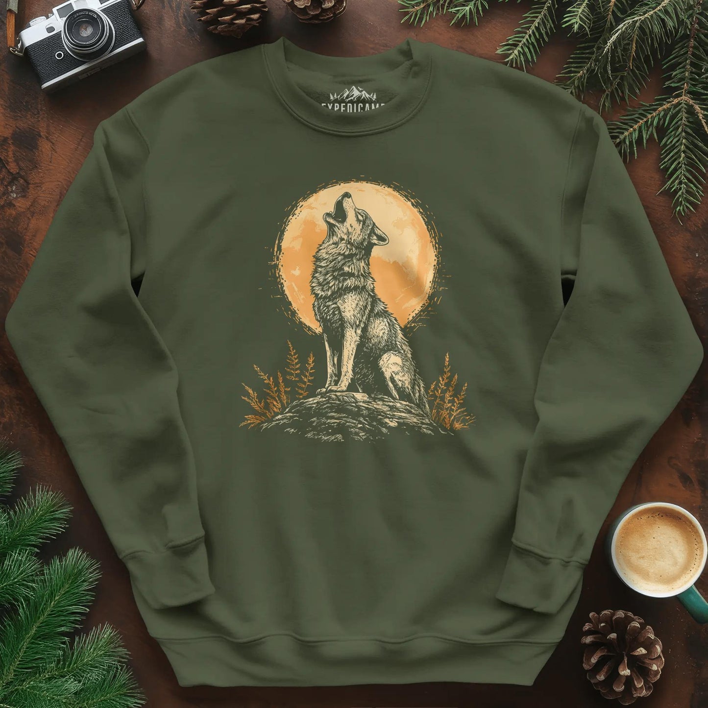 Howling Wolf Under the Moon Sweatshirt – Military Green – Outdoor apparel for travel, hiking, camping, and nature lovers – ExpediCamp