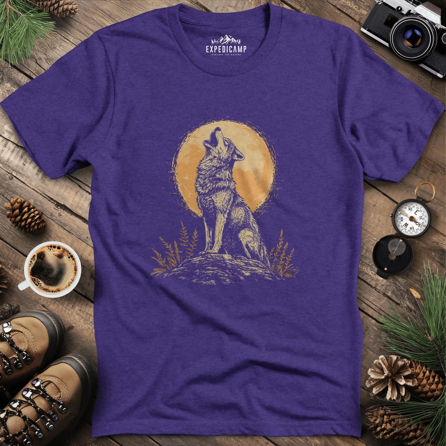 Howling Wolf Under the Moon T-Shirt – Heather Purple – Outdoor apparel for travel, hiking, camping, and nature lovers – ExpediCamp