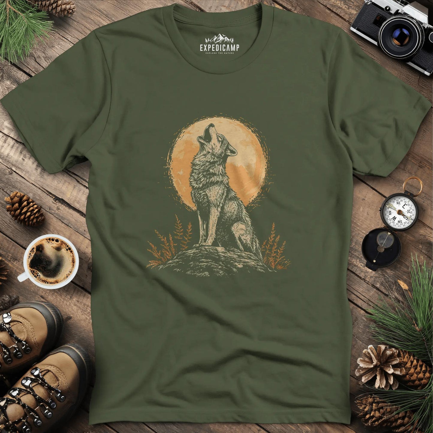Howling Wolf Under the Moon T-Shirt – Military Green – Outdoor apparel for travel, hiking, camping, and nature lovers – ExpediCamp