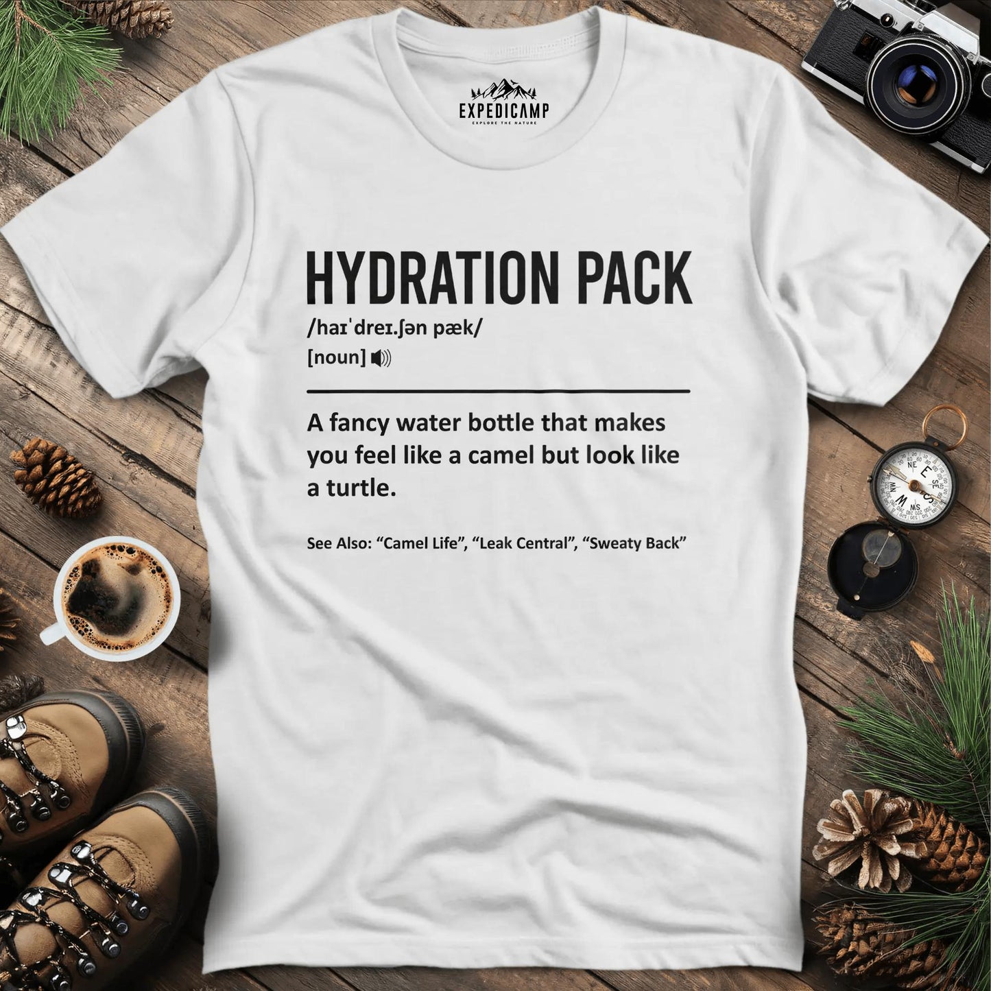 Hydration Pack Definition T-Shirt – White – Outdoor apparel for travel, hiking, camping, and nature lovers – ExpediCamp