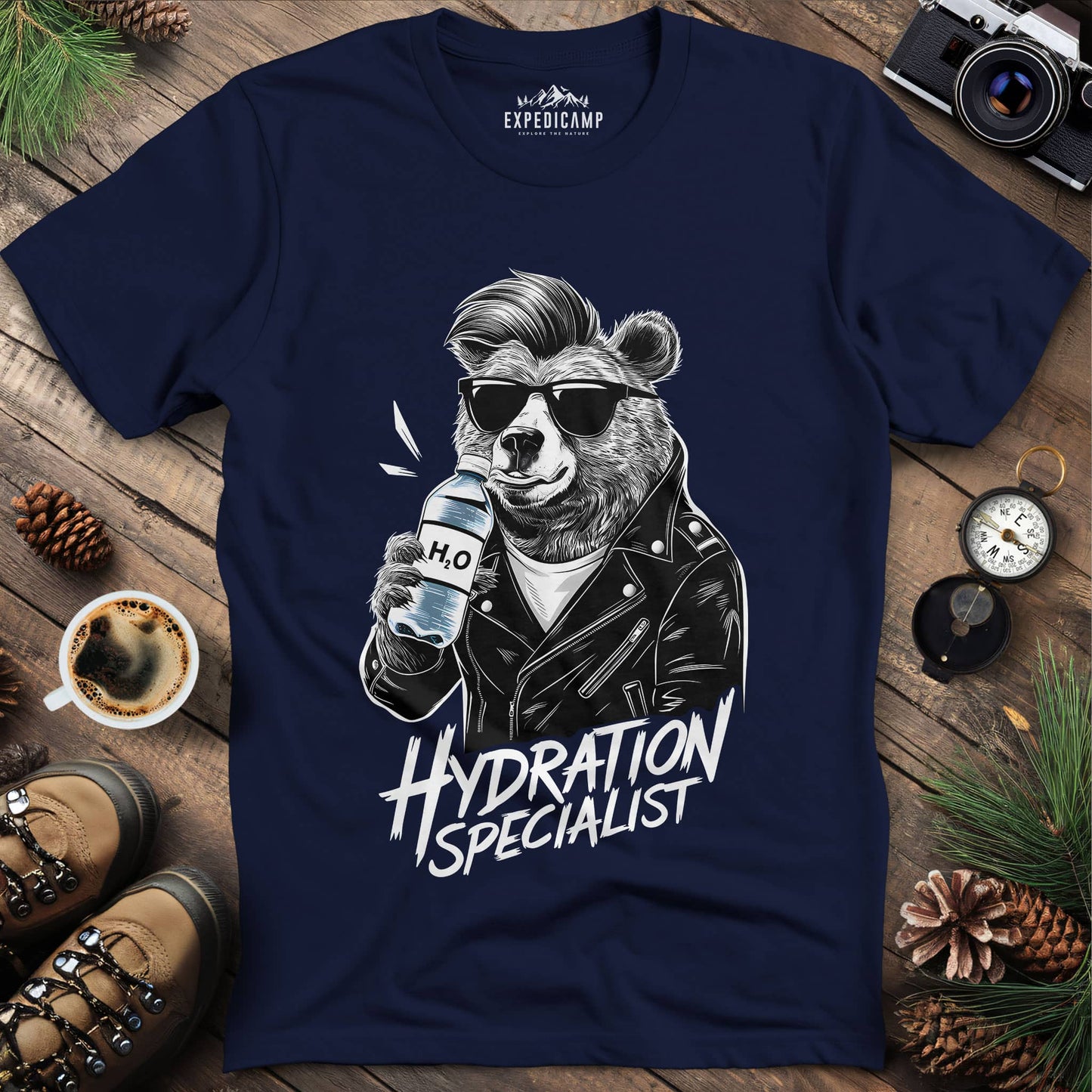 Hydration Specialist Cool Bear T-Shirt – Navy – Outdoor apparel for travel, hiking, camping, and nature lovers – ExpediCamp