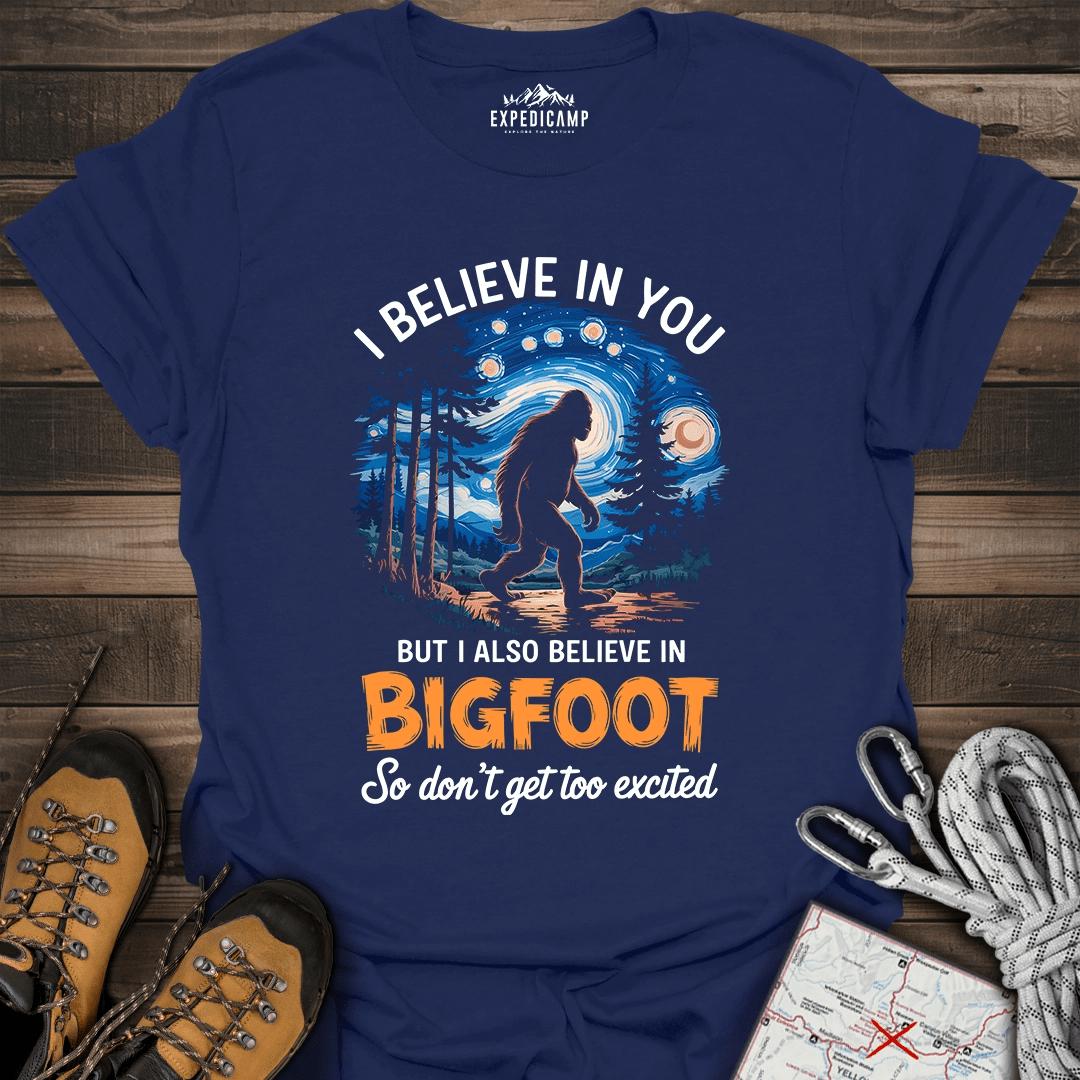 I Believe In You Bigfoot T-Shirt – Navy – Outdoor apparel for travel, hiking, camping, and nature lovers – ExpediCamp
