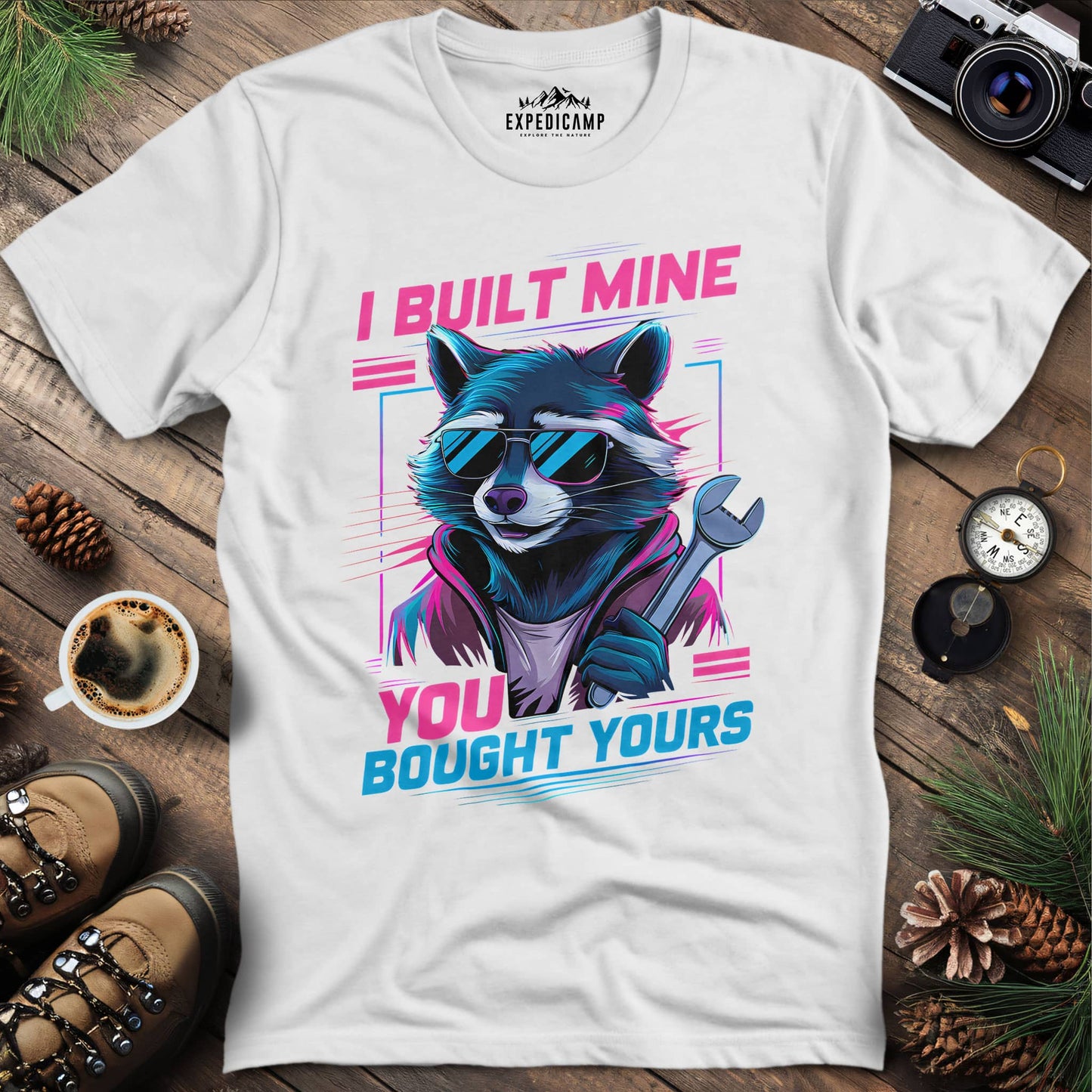 I Built Mine You Bought Yours Raccoon Mechanic T-Shirt – White – Outdoor apparel for travel, hiking, camping, and nature lovers – ExpediCamp