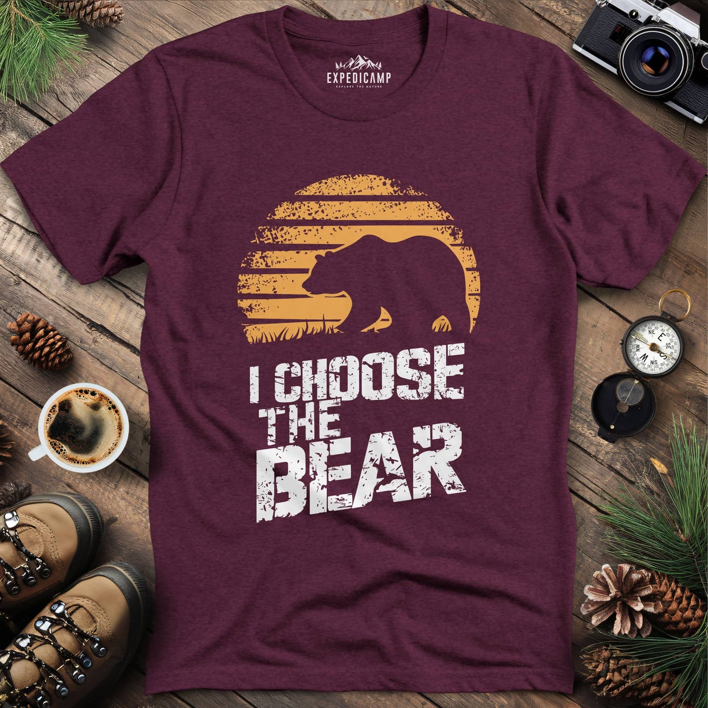 I Choose The Bear Wilderness Adventure T-Shirt – Heather Maroon – Outdoor apparel for travel, hiking, camping, and nature lovers – ExpediCamp