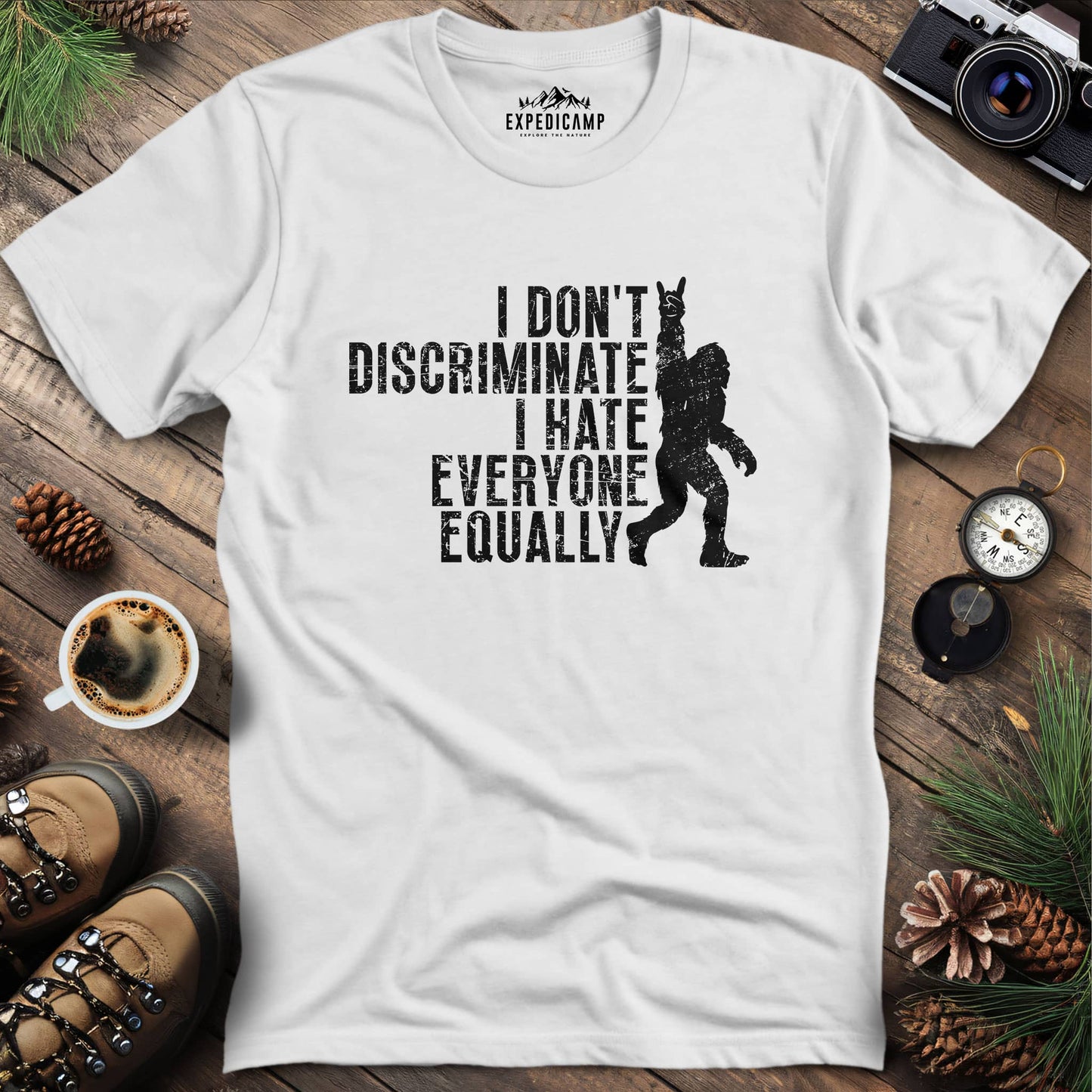 I Don't Discriminate I Hate Everyone T-Shirt – White – Outdoor apparel for travel, hiking, camping, and nature lovers – ExpediCamp