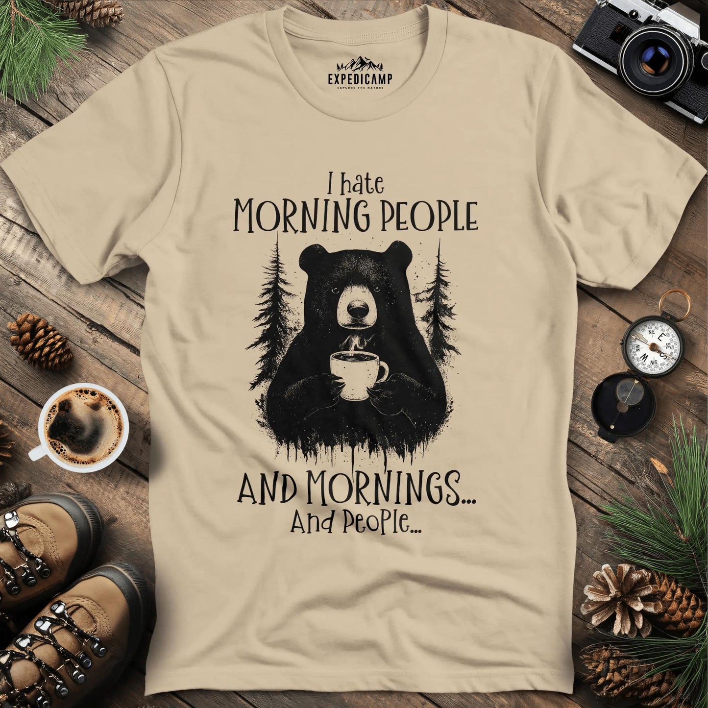 I Hate Morning People Bear Coffee T-Shirt – Sand – Outdoor apparel for travel, hiking, camping, and nature lovers – ExpediCamp