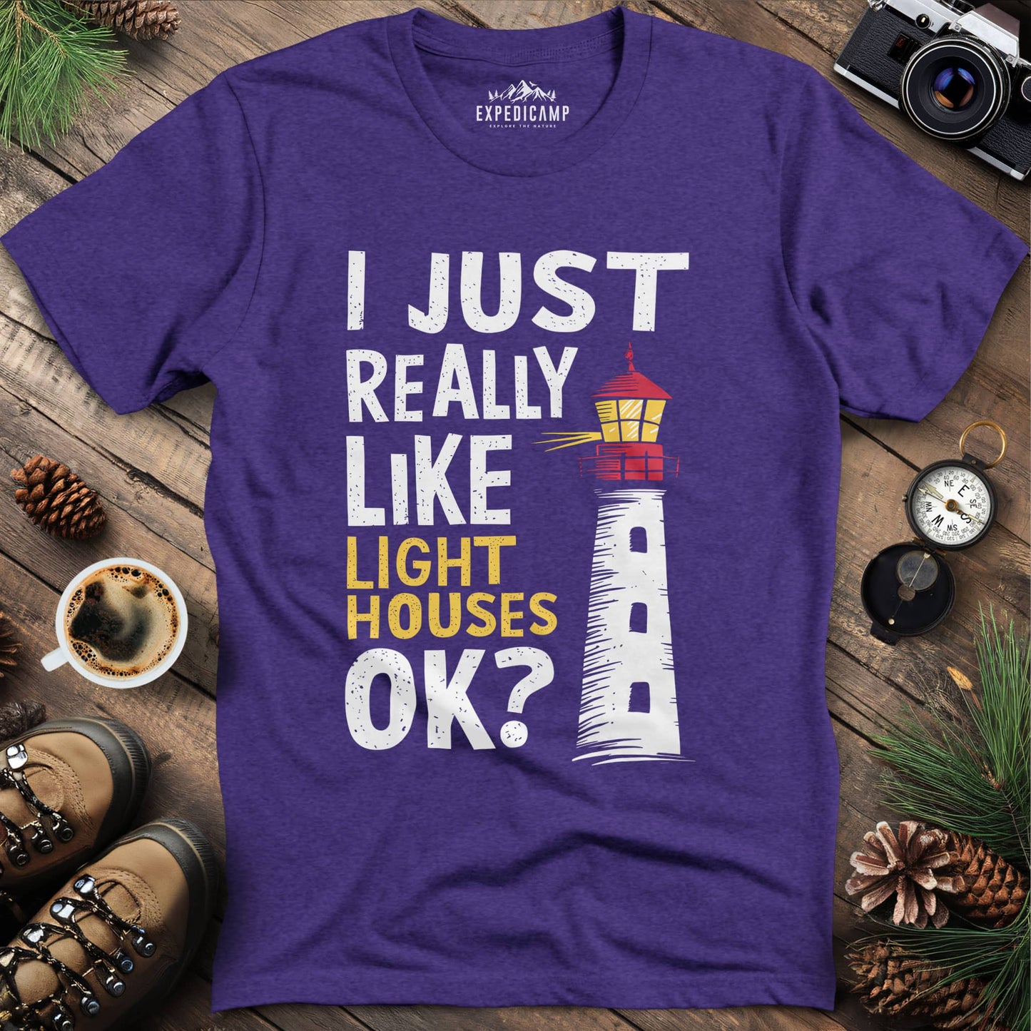 I Just Really Like Lighthouses OK? T-Shirt – Heather Purple – Outdoor apparel for travel, hiking, camping, and nature lovers – ExpediCamp