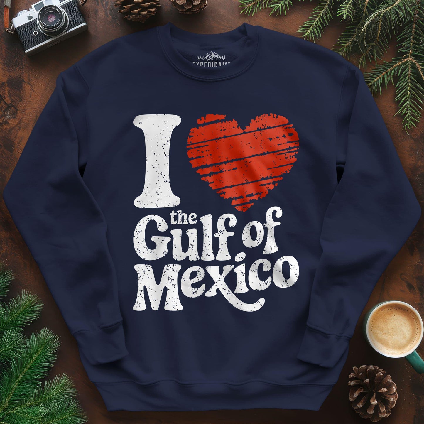 I Love the Gulf of Mexico Sweatshirt – Navy – Outdoor apparel for travel, hiking, camping, and nature lovers – ExpediCamp