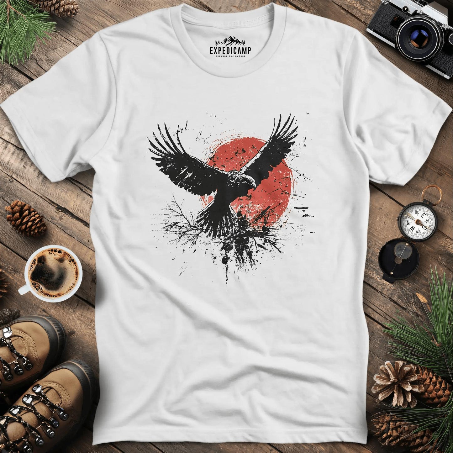 Ink Splatter Bird with Red Sun T-Shirt – White – Outdoor apparel for travel, hiking, camping, and nature lovers – ExpediCamp