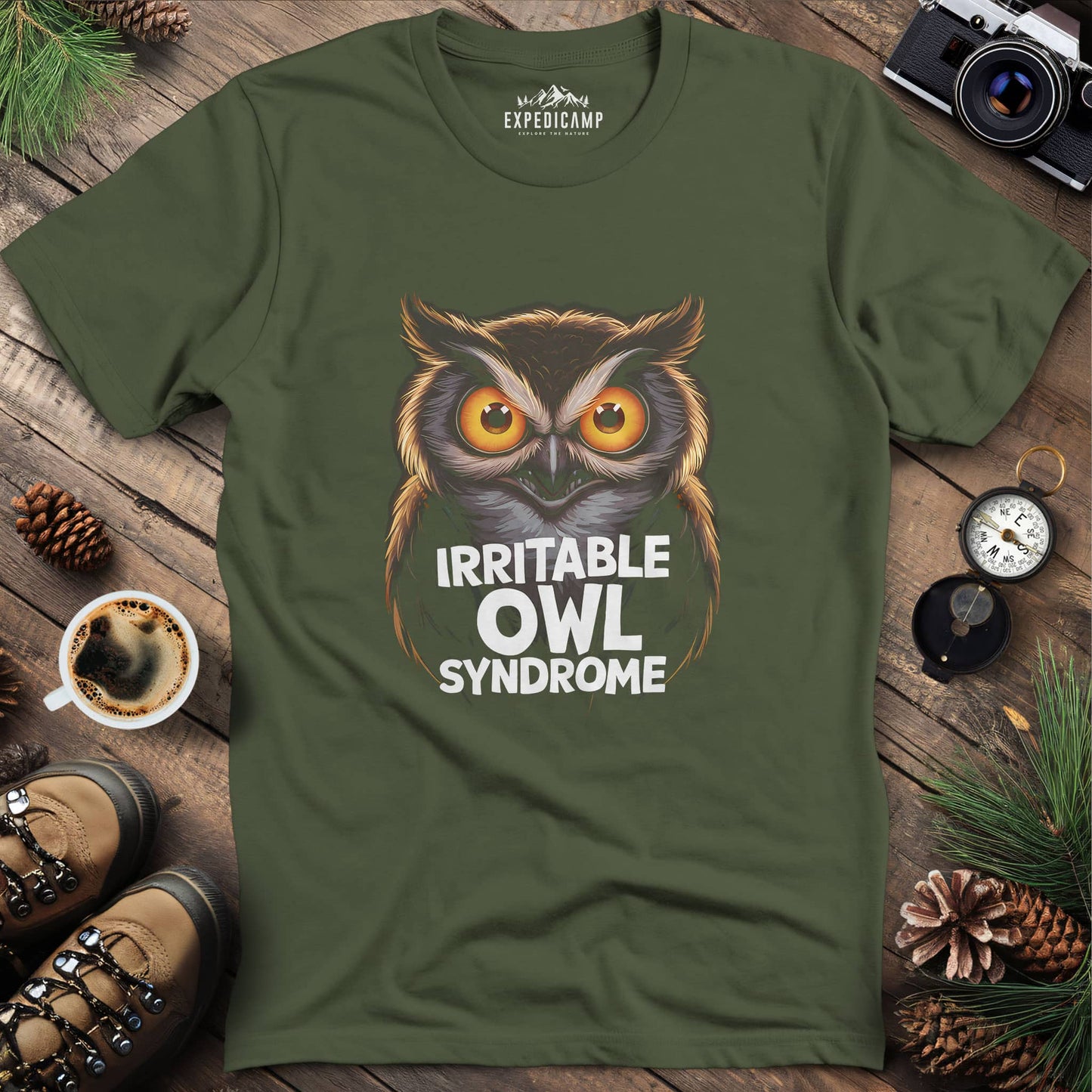 Irritable Owl Syndrome T-Shirt – Military Green – Outdoor apparel for travel, hiking, camping, and nature lovers – ExpediCamp
