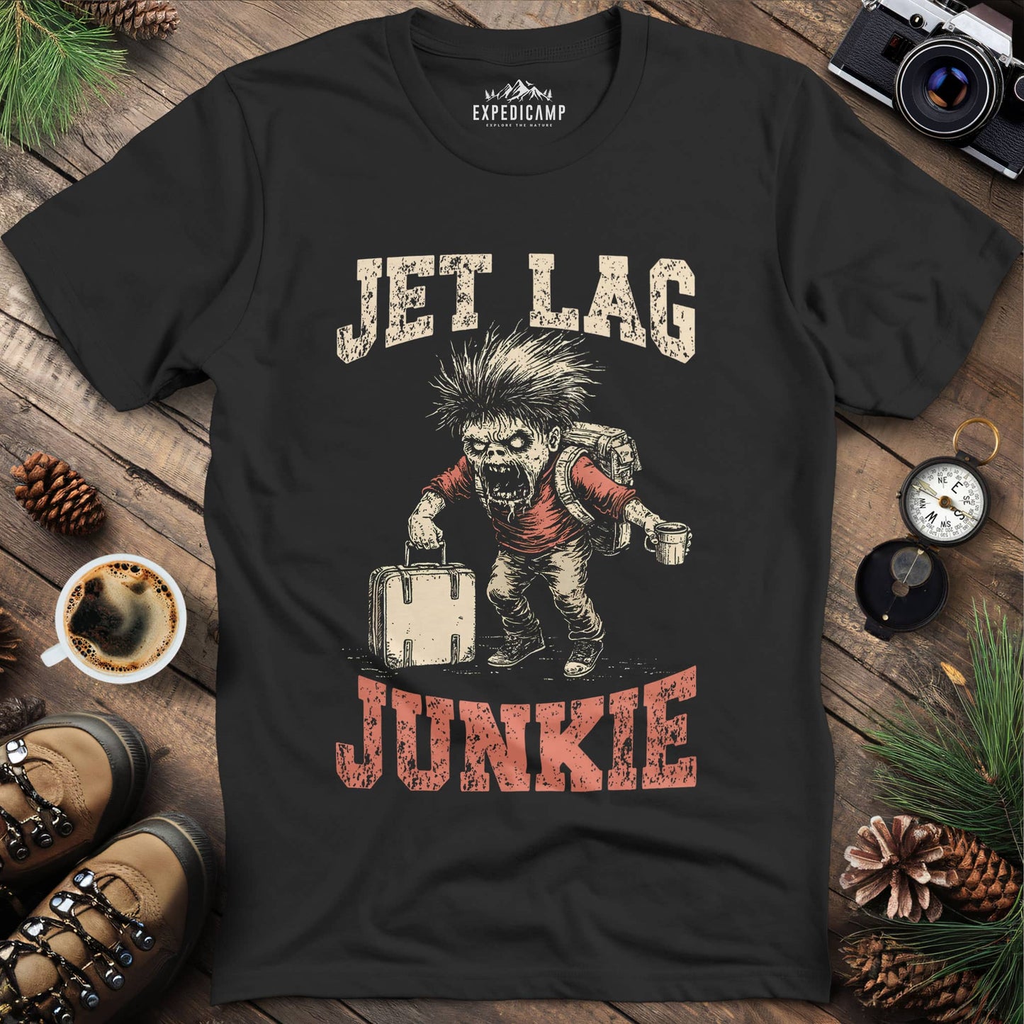 Jet Lag Junkie T-Shirt – Black – Outdoor apparel for travel, hiking, camping, and nature lovers – ExpediCamp