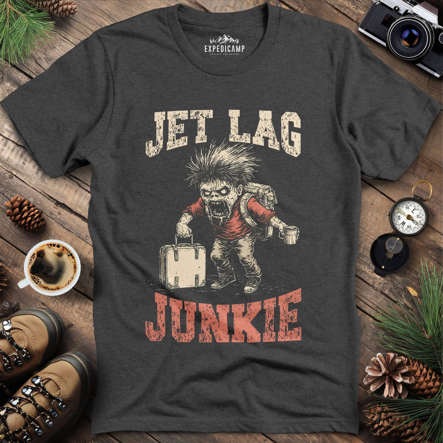 Jet Lag Junkie T-Shirt – Dark Heather – Outdoor apparel for travel, hiking, camping, and nature lovers – ExpediCamp