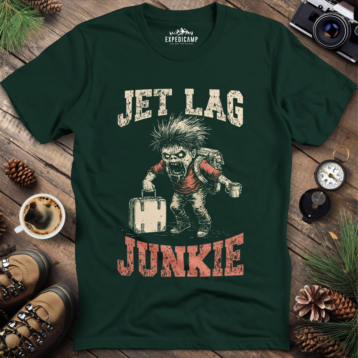 Jet Lag Junkie T-Shirt – Forest Green – Outdoor apparel for travel, hiking, camping, and nature lovers – ExpediCamp