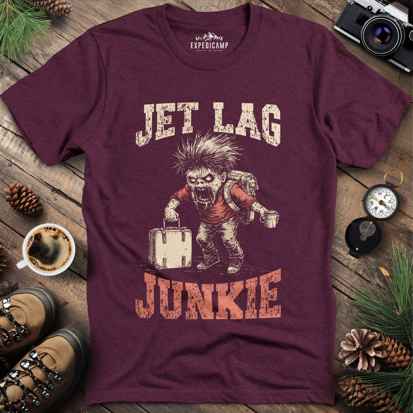 Jet Lag Junkie T-Shirt – Heather Maroon – Outdoor apparel for travel, hiking, camping, and nature lovers – ExpediCamp