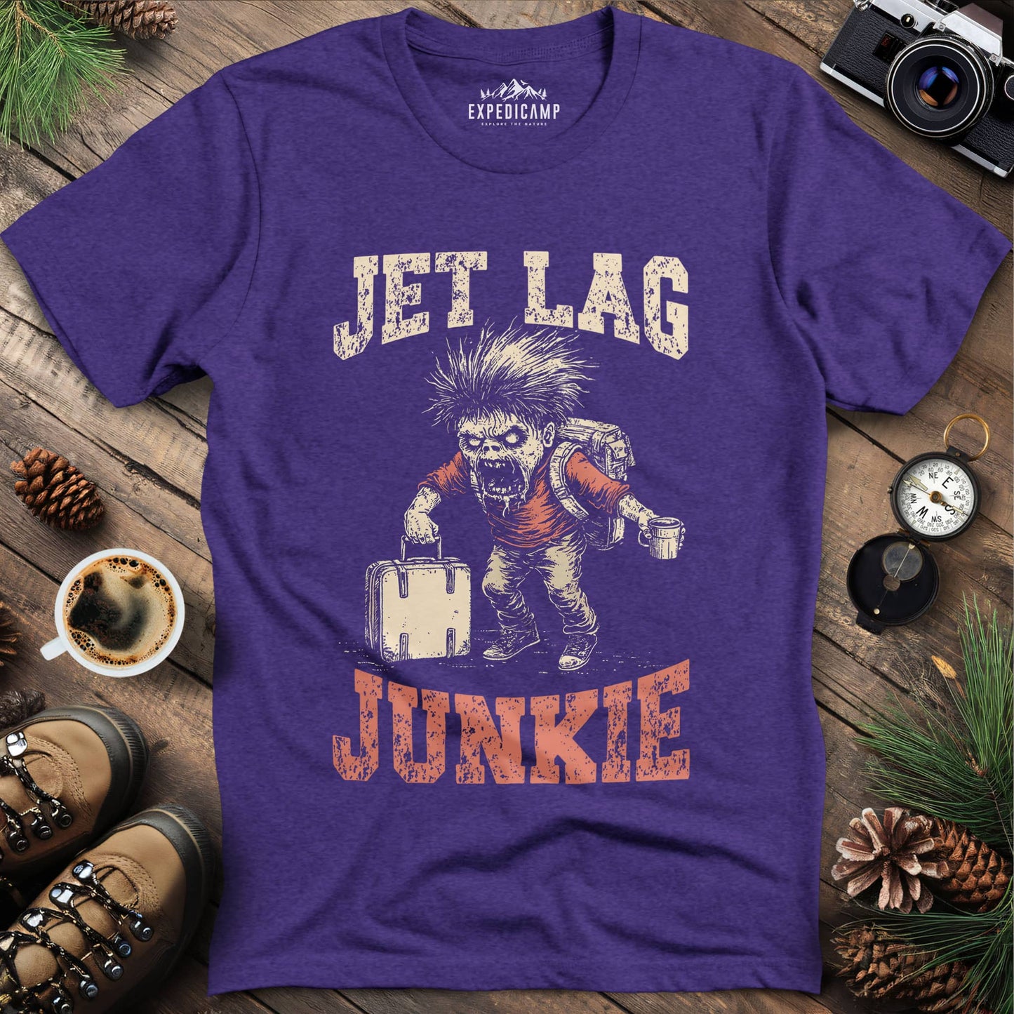 Jet Lag Junkie T-Shirt – Heather Purple – Outdoor apparel for travel, hiking, camping, and nature lovers – ExpediCamp