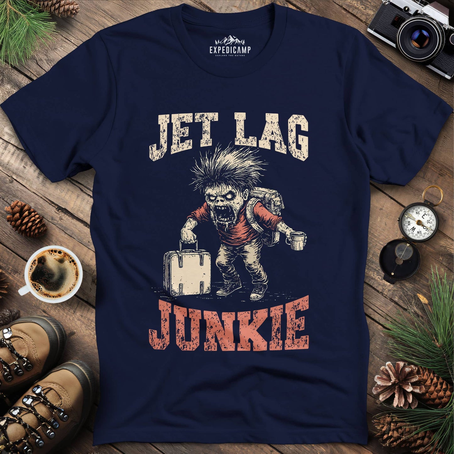 Jet Lag Junkie T-Shirt – Navy – Outdoor apparel for travel, hiking, camping, and nature lovers – ExpediCamp
