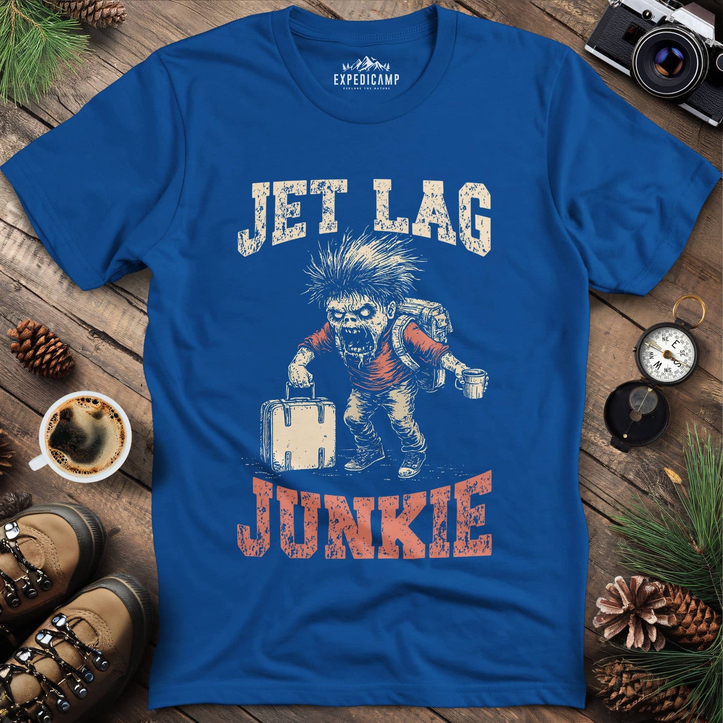 Jet Lag Junkie T-Shirt – Royal – Outdoor apparel for travel, hiking, camping, and nature lovers – ExpediCamp
