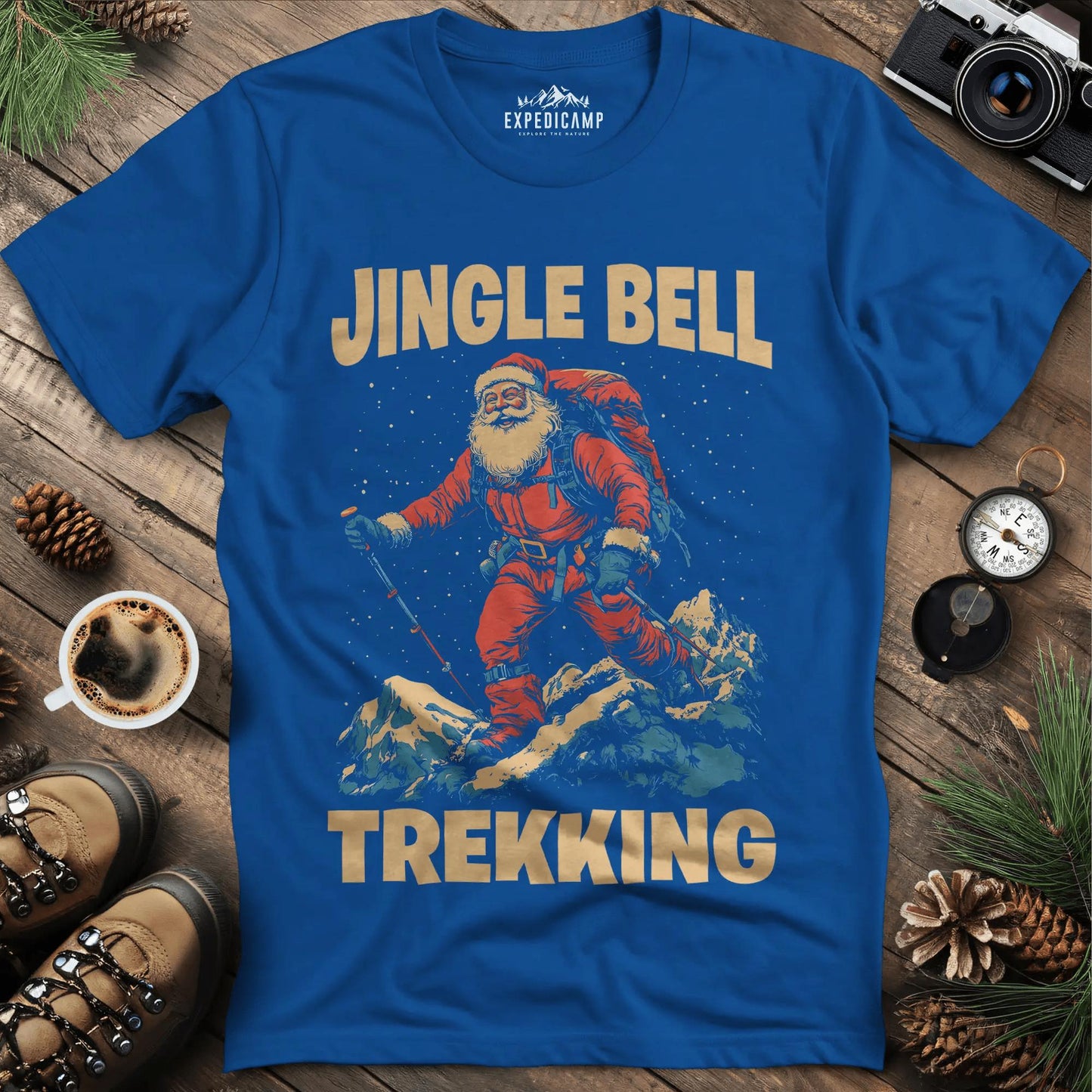 Jingle Bell Trekking Santa T-Shirt – Royal – Outdoor apparel for travel, hiking, camping, and nature lovers – ExpediCamp