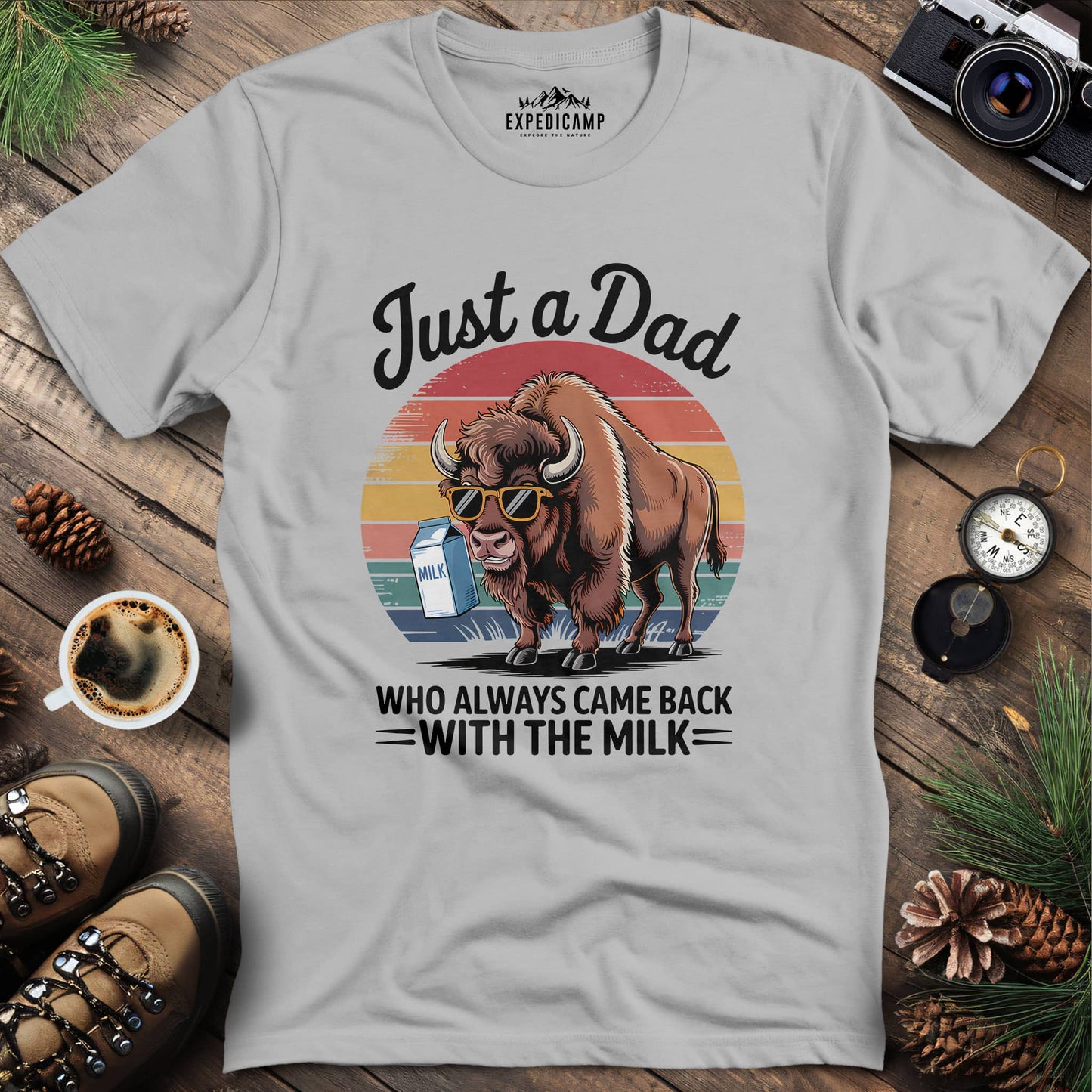 Just A Dad Bison With The Milk T-Shirt – Ice Grey – Outdoor apparel for travel, hiking, camping, and nature lovers – ExpediCamp