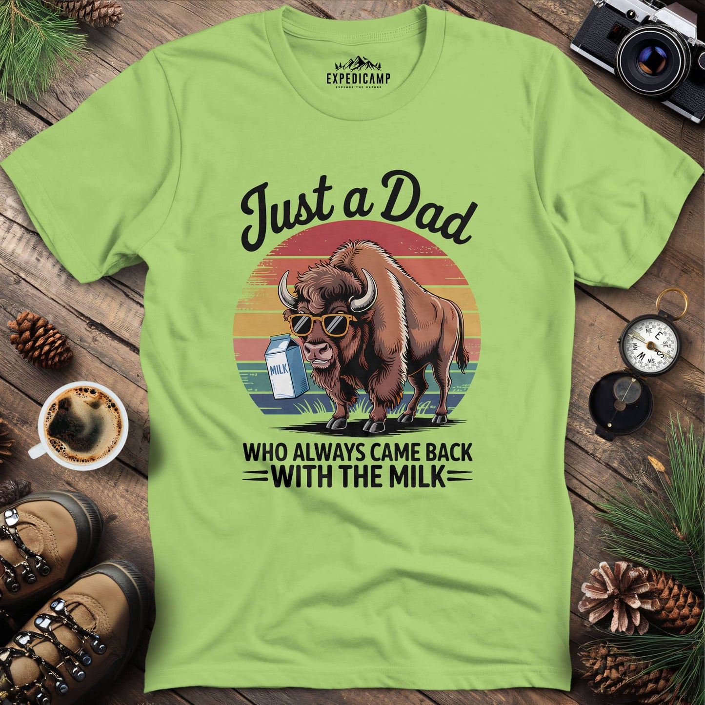 Just A Dad Bison With The Milk T-Shirt – Kiwi – Outdoor apparel for travel, hiking, camping, and nature lovers – ExpediCamp