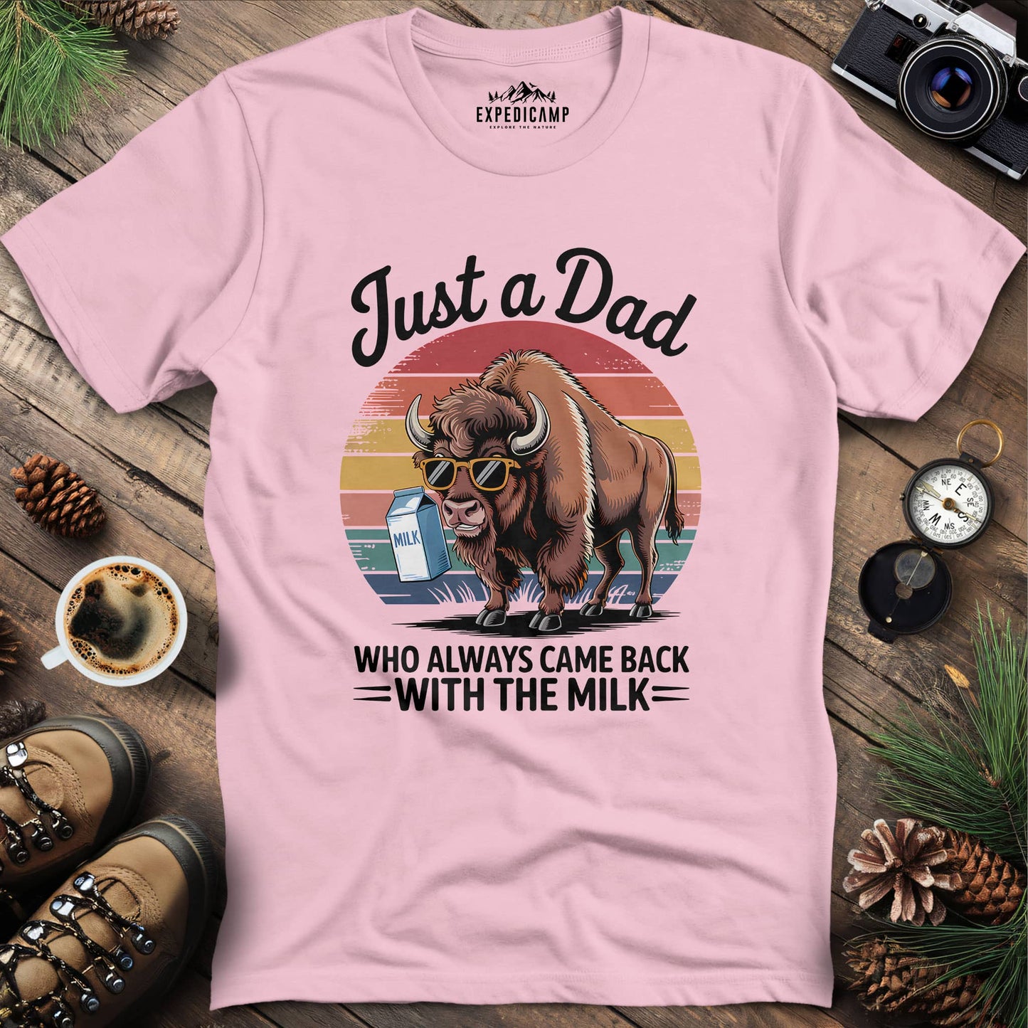 Just A Dad Bison With The Milk T-Shirt – Light Pink – Outdoor apparel for travel, hiking, camping, and nature lovers – ExpediCamp