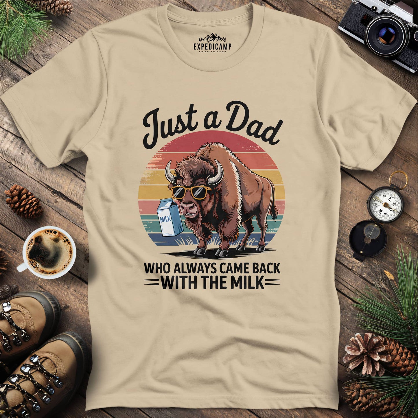 Just A Dad Bison With The Milk T-Shirt – Sand – Outdoor apparel for travel, hiking, camping, and nature lovers – ExpediCamp