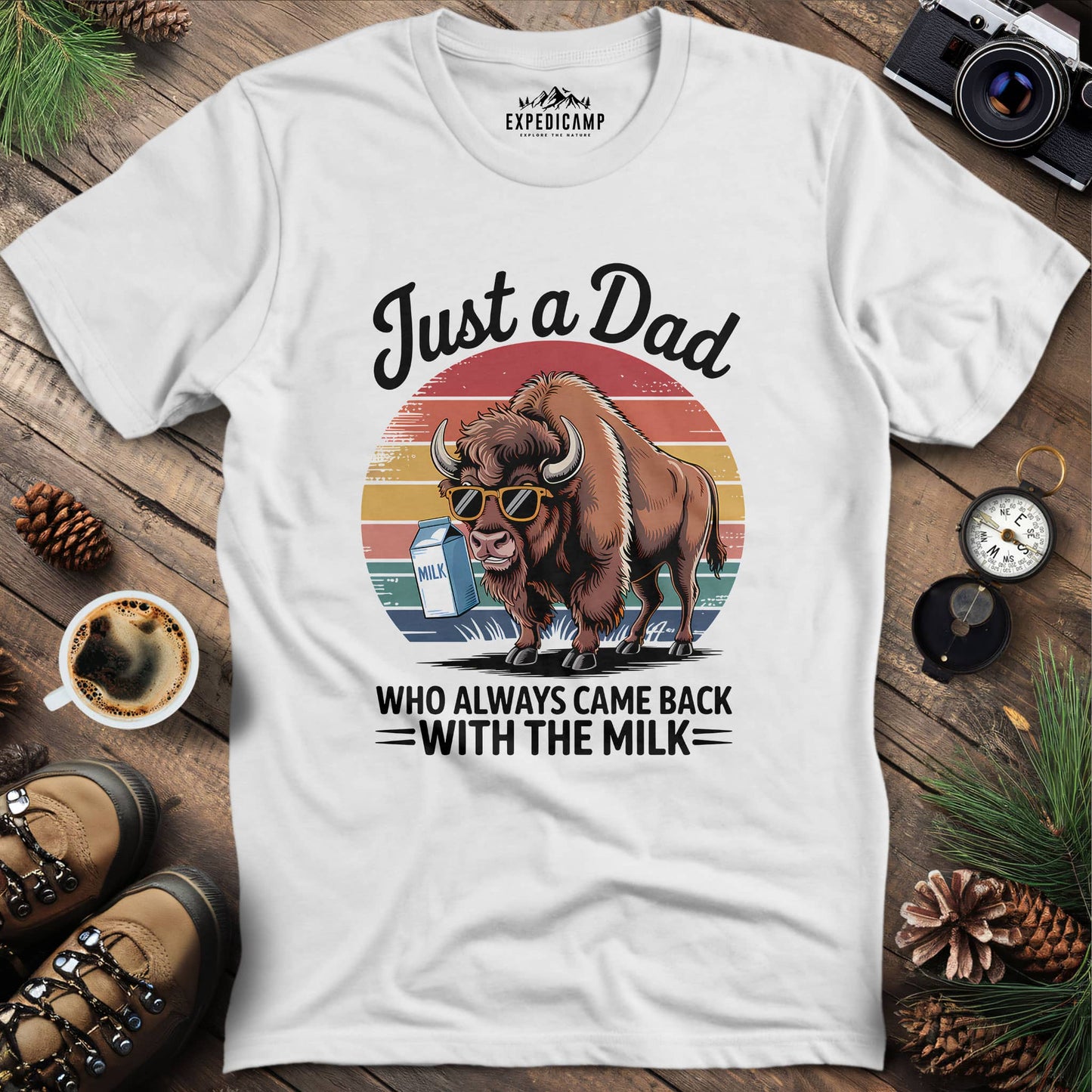 Just A Dad Bison With The Milk T-Shirt – White – Outdoor apparel for travel, hiking, camping, and nature lovers – ExpediCamp