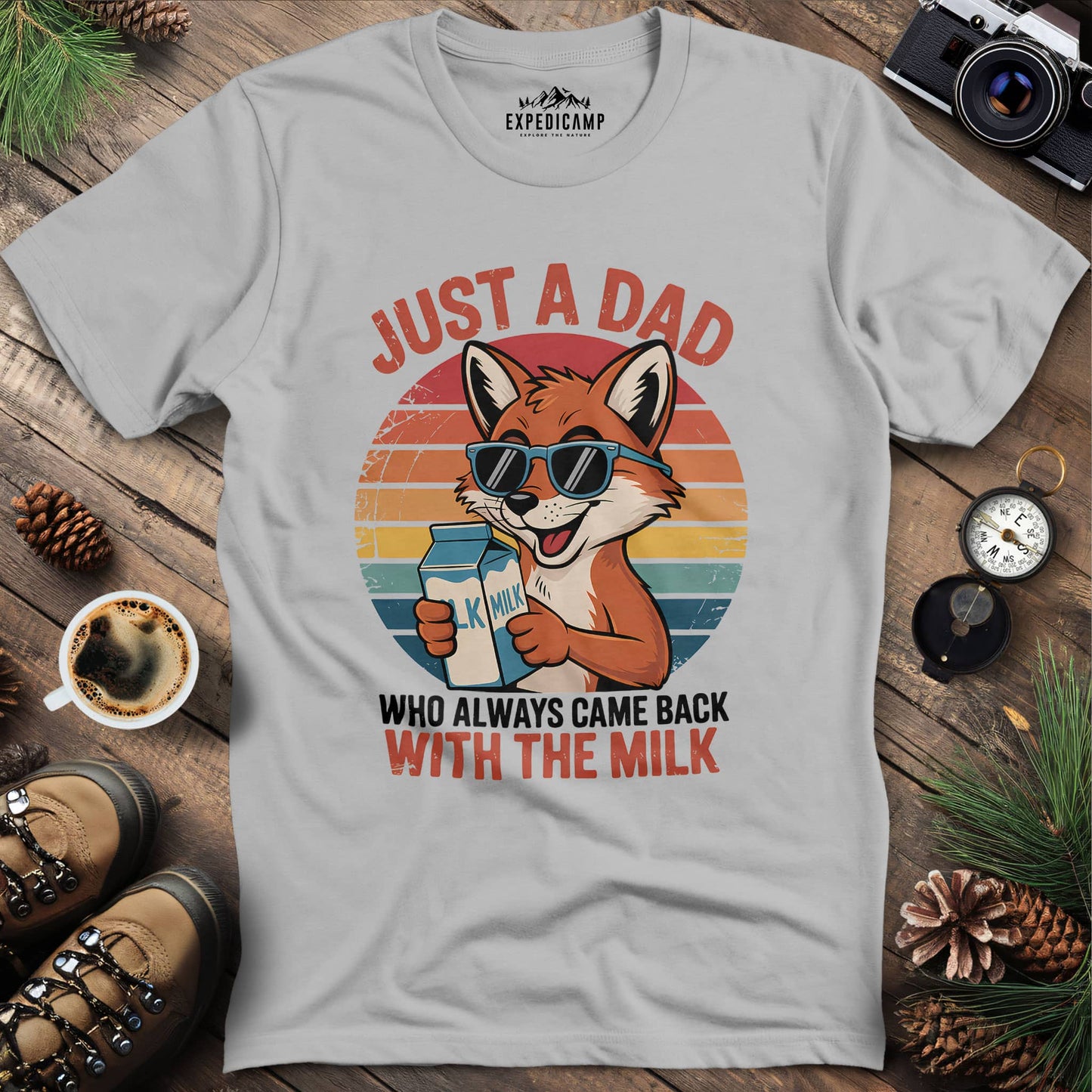 Just A Dad Fox With The Milk T-Shirt – Ice Grey – Outdoor apparel for travel, hiking, camping, and nature lovers – ExpediCamp
