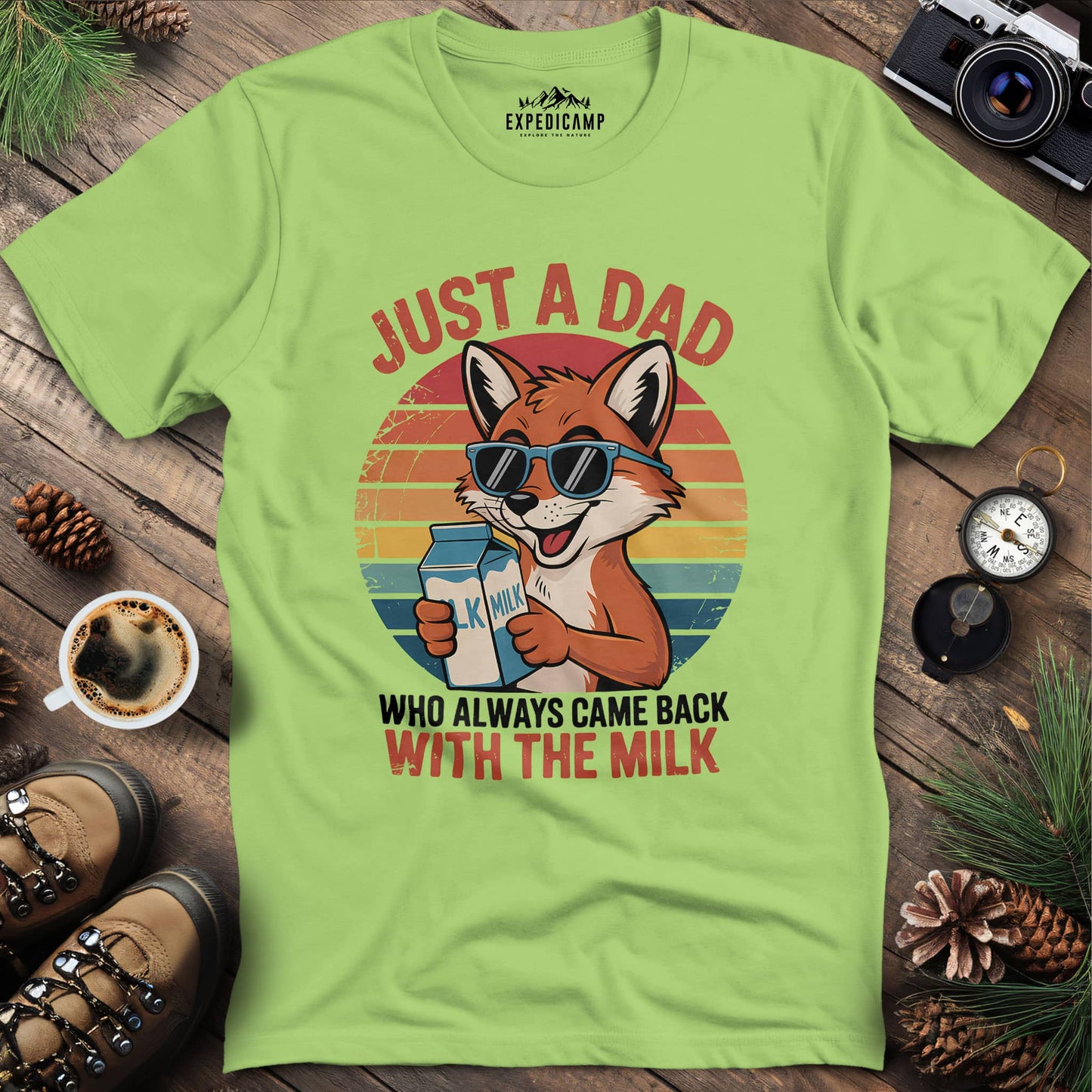 Just A Dad Fox With The Milk T-Shirt – Kiwi – Outdoor apparel for travel, hiking, camping, and nature lovers – ExpediCamp