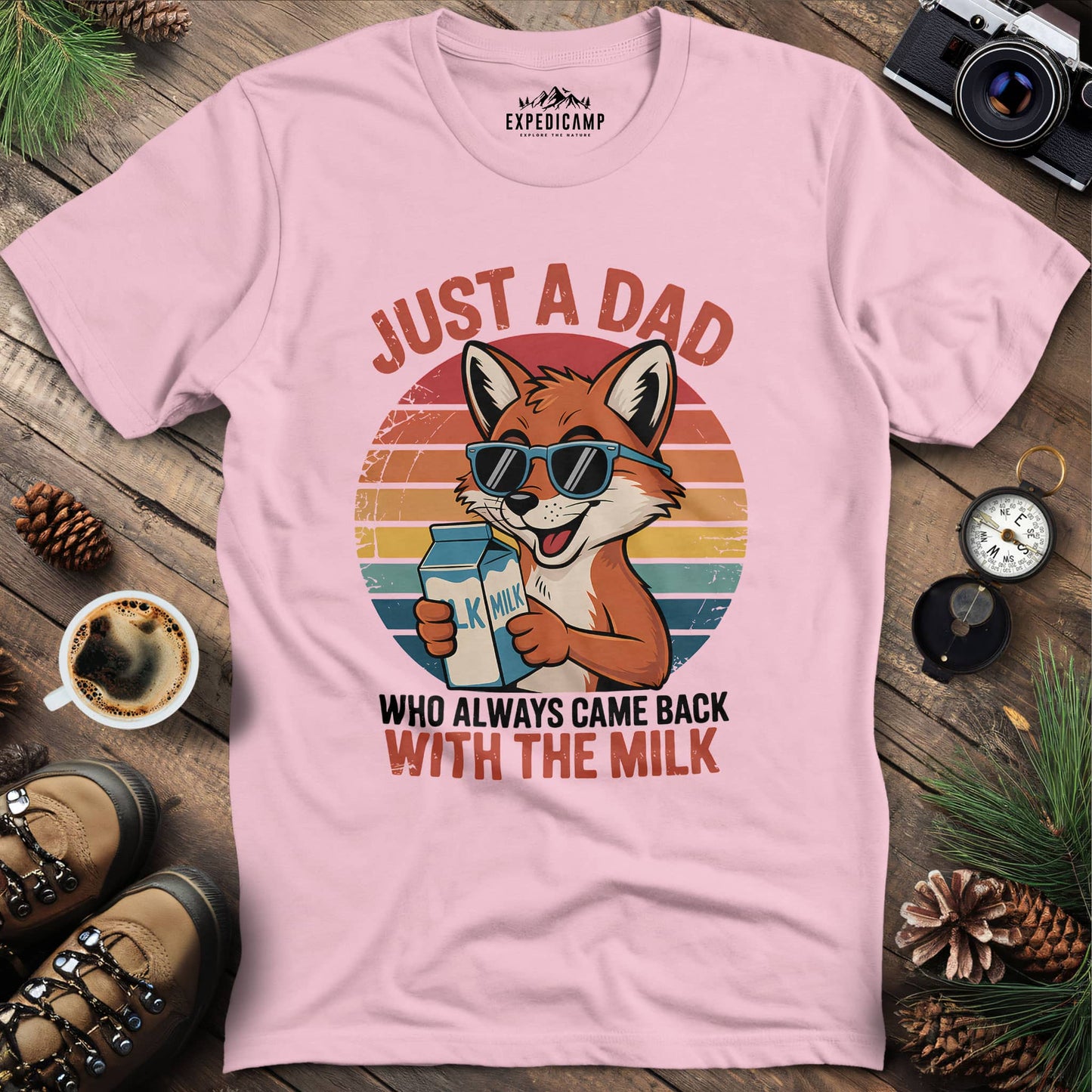 Just A Dad Fox With The Milk T-Shirt – Light Pink – Outdoor apparel for travel, hiking, camping, and nature lovers – ExpediCamp