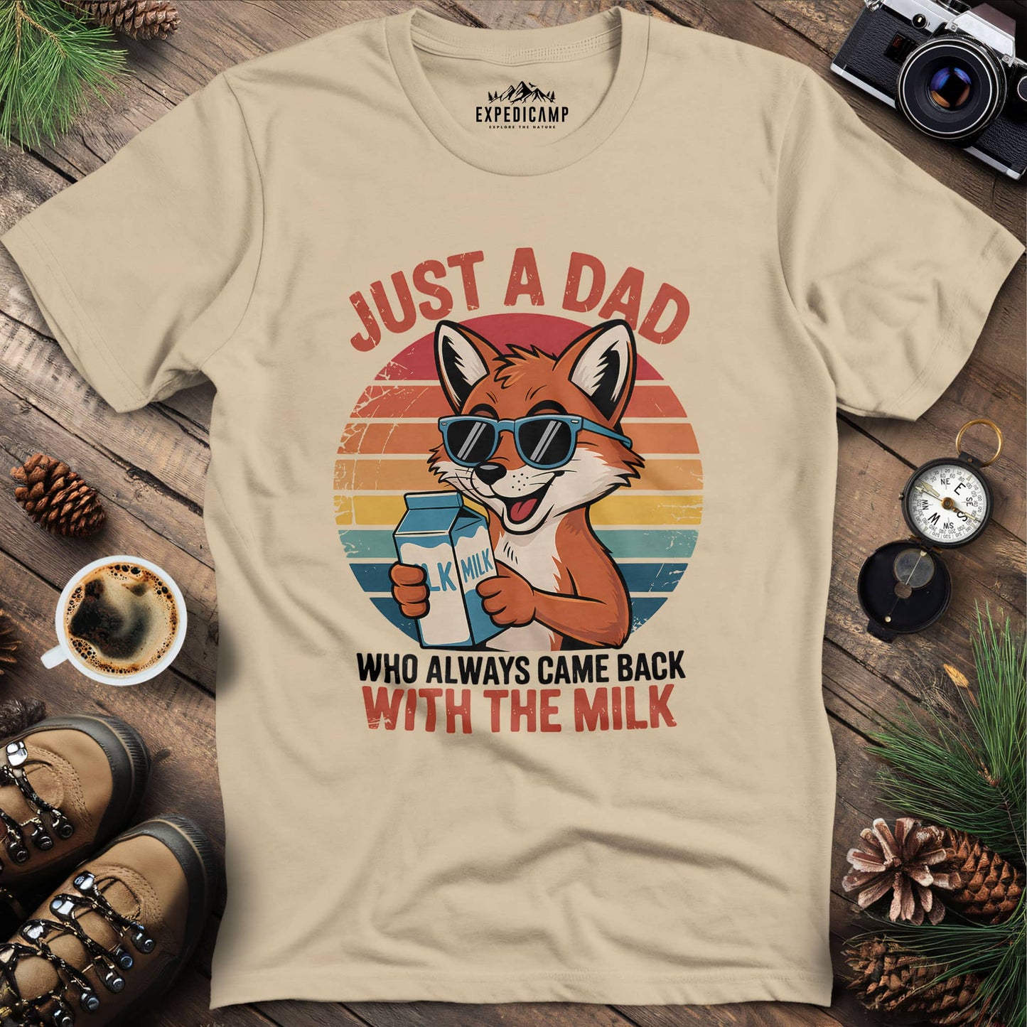 Just A Dad Fox With The Milk T-Shirt – Sand – Outdoor apparel for travel, hiking, camping, and nature lovers – ExpediCamp