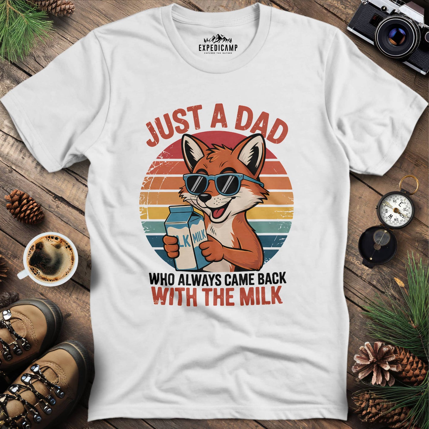 Just A Dad Fox With The Milk T-Shirt – White – Outdoor apparel for travel, hiking, camping, and nature lovers – ExpediCamp